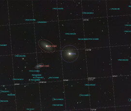 Photographed with the RC8" reflector telescope and the ASI 2600MC color CMOS camera in Stuvsta, March 22nd 2025. Exposure was 30*3 min with IDAS LPS D2 filter. Post-processing in Pixinsight. No moon visible. M105, NGC 3384, and NGC 3389