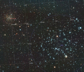 Photographed with the RC8" reflector telescope and the ASI 2600MC color CMOS camera in Stuvsta, March 26th 2025. Exposure was 30*3 min with IDAS LPS D2 filter. Post-processing in Pixinsight and Photoshop. No moon visible. M35 and NGC 2158