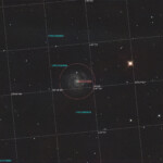 Pgotographed with the RC8" reflector telescope and the ASI 2600MC color CMOS camera in Stuvsta, February 28th and March 7th 2025. Exposure was 30*3 min with IDAS LPS D2 light pollution filter.
The galaxy PGC 2176964, bottom left, is 1.5 billion light years away and receeding with about 10% of the speed of light. NGC 3184