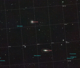Photographed with the RC8" reflector telescope and the ASI 2600MC color CMOS camera in Stuvsta, April 7th, 2025. Exposure was 20*3 min with IDAS LPS D2 filter. Post-processing in Pixinsight. Half moon and no wind.
The galaxy PGC 2625159 bottom right is 2 300 million light-years away! NGC 4041 and NGC 4036