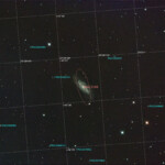 Photographed with the RC8" reflector telescope and the ASI 2600MC color CMOS camera in Stuvsta, April 12th, 2025. Exposure was 30*3 min with IDAS LPS D2 filter. Post-processing in Pixinsight. Full moon and no wind.
The Elliptical Galaxy PGC 2266491, to the left, is located at a distance of 2 500 million light-years from our solar system and is receding at about 16,2% of the speed of light. NGC 3198