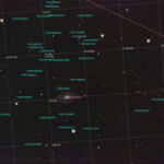 Photographed with the RC8" reflector telescope and the ASI 2600MC color CMOS camera in Stuvsta, April 13th, 2025. Exposure was 20*3 min with IDAS LPS D2 filter. Post-processing in Pixinsight. Full moon and no wind.
A number of other remote galaxies in Ursa Major at a distance of 1 500 to 2 000 million light-years are visible in the photo. NGC 3614
