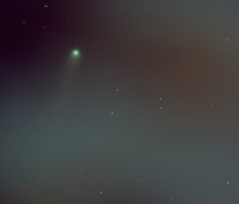 Photographed with the APO 107 mm refractor and ASI 2600MC color CMOS camera in Stuvsta on October 16th, 2025. Exposure was 2 min (single light) with IDAS HEUIB filter. The comet was partly hidden behind a tree, hence the poor image quality. C/2025 A6 (Lemmon)