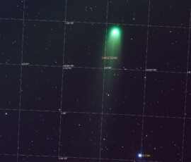 Photographed with the APO 107 mm refractor and ASI 2600MC color CMOS camera in Stuvsta on October 18th, 2025. Exposure was 20 * 2 min with IDAS HEUIB filter. Postprocessing in Pixinsight with Comet Alignment to create an image of the comet without stars which was then added to the correct star backgroubd without comet. Comet C/2025 A6 (Lemmon)