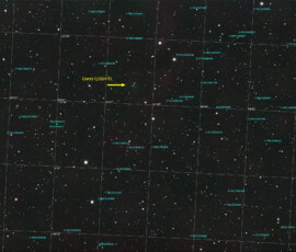 C/2024 E1 (Wierzchoś) is a hyperbolic Oort cloud comet, discovered on 3 March 2024 by Polish astronomer Kacper Wierzchoś. It will reach perihelion on 20 January 2026, when it should reach an apparent magnitude of around +8.5, which should make it visible in larger binoculars. It has an inbound orbital period of millions of years. The 2026 perihelion passage will reduce the orbital period to a few hundred thousand years. Cometary activity for C/2024 E1 has been driven by carbon dioxide (CO2). As of October 2025, the comet is about apparent magnitude 14.0.
Photographed with the APO 107 mm refractor and ASI 2600MC color CMOS camera in Stuvsta on October 16th, 2025. Exposure was 20 * 2min with IDAS HEUIB filter. C/2024 E1 (Wierzchos)
