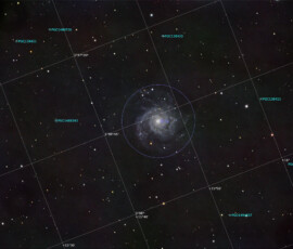 Photographed with the MN 190 mm reflector and Atik 360EX monchrome CCD camera in Stuvsta on November 14th, 2025. Exposure was 30 min for each of R, G, and B, and 48 min for L. Postprocessing in Pixinsight with Blur Xterminator and in Photoshop to add star spikes. M 74