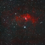 Photographed with the MN 190 mm reflector telescope and the Atik 360EX monchrome CCD camera in Stuvsta on November 21st, 2025. Exposure was 30 min for each of R, G, and B, 40 min L, and 60 min for Ha. Postprocessing in Pixinsight with Blur Xterminator and in Photoshop to add star spikes. NGC 7635, Bubble Nebula