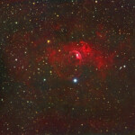 Photographed with the MN 190 mm reflector telescope and the Atik 360EX monchrome CCD camera in Stuvsta on November 21st, 2025. Exposure was 30 min for each of R, G, and B, and 60 min for Ha. Postprocessing in Pixinsight with Blur Xterminator and in Photoshop to add star spikes. NGC 7635, Bubble Nebula