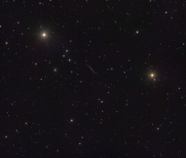 Photographed with the MN 190 mm reflector telescope and the Atik 360EX monchrome CCD camera in Stuvsta on December 21st, 2025. Exposure was 30 min for each of R, G and B, and 39 min for L. Postprocessing in Pixinsight with Blur Xterminator and in Photoshop adding star spikes. Frost on the lens caused some distortion for the brightest stars. UGC 3697, Integral Sign Galaxy