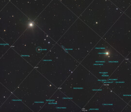 Photographed with the MN 190 mm reflector telescope and the Atik 360EX monchrome CCD camera in Stuvsta on December 21st, 2025. Exposure was 30 min for each of R, G and B, and 39 min for L. Postprocessing in Pixinsight with Blur Xterminator and in Photoshop adding star spikes. Frost on the lens caused some distortion for the brightest stars. UGC 3697, Integral Sign Galaxy