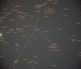 Part of the Gemini constellation with planet Jupiter, photographed with the Nikon D800 DSLR and the 85 mm lens at f 2.8 in Åva, February 7th 2026. Exposure was 20 * 30 s. The camera was mountted on the AstroTrac TT320X mount. Temperature was -7 centigrade and the moon was below the horizon. Gemini and Jupiter