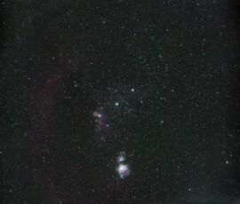 Part of the Orion constellation photographed with the Nikon D800 DSLR and the 85 mm lens at f 2.8 in Åva, February 7th 2026. Exposure was 20 * 30 s. The camera was mounted on the AstroTrac TT320X mount. Temperature was -7 centigrade and the moon was below the horizon. Orion