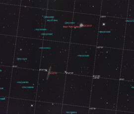 Photographed with the RC8" reflector and the ASI 2600MC color CMOS camera in Stuvsta, April 12th, 2026. Exposure was 30*3 min with IDAS LPS P3 filter. Postprocessing in Pixinsight. NGC 2537, Bear Paw Galaxy, and IC 2233