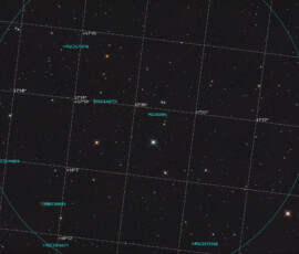 Photographed with the RC8" reflector and the ASI 2600MC color CMOS camera in Stuvsta, April 10th, 2026. Exposure was 30*3 min with IDAS LPS P3 filter. Postprocessing in Pixinsight. PGC 60095, Draco Dwarf galaxy